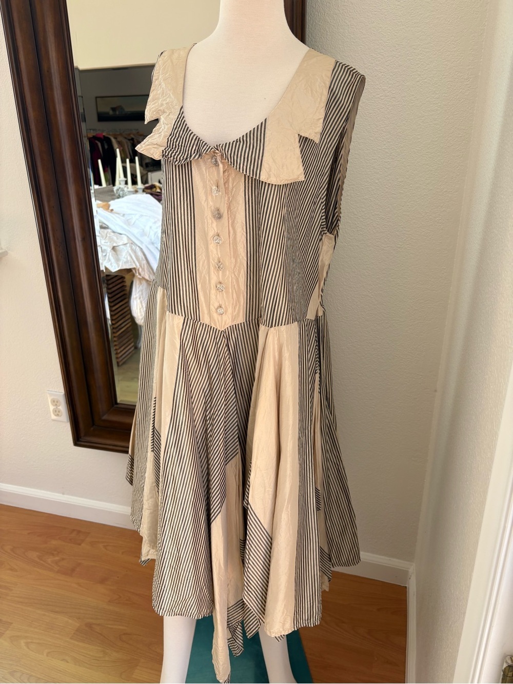 Striped Midi Dress with Contrast Panels in Beige and Black
